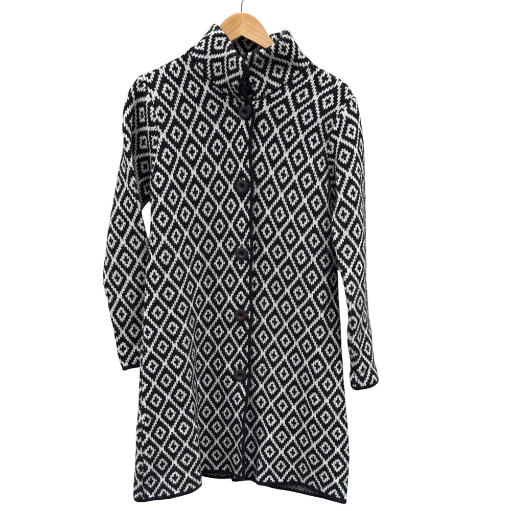 Cocogio Italy Long Wool Blend Sweater Womens Small Black White Geometric
